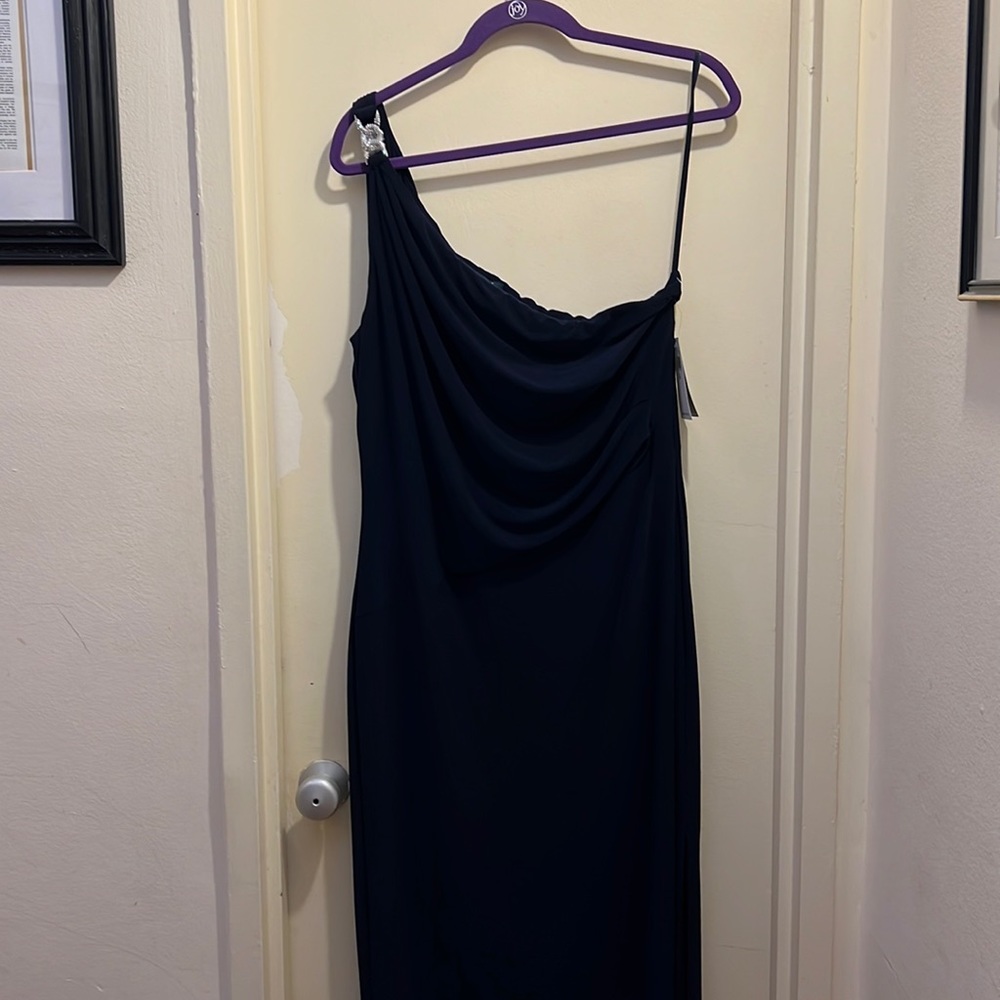 NWT Lauren Ralph Lauren navy one shoulder full length dress